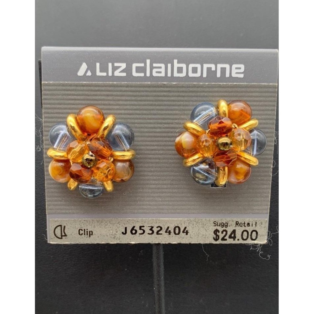 Vintage NOS Liz Claiborne Clip on Earrings Gold Tone & Multicolor Beads